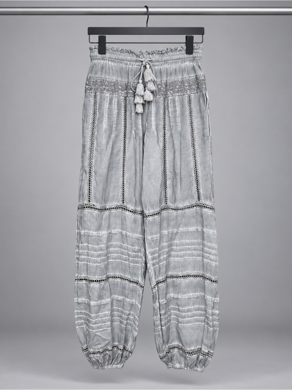 Young, Fabulous & Broke Lace Crochet Trim Tassel Harem Jogger Pants Gray XS